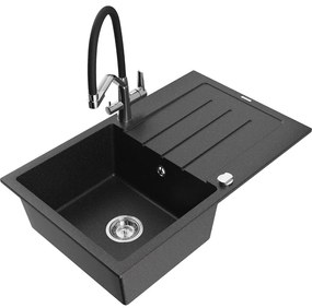 Mexen Bruno, 1-komorový granitový drez 795x495x200 mm a drezová batéria Duo, čierna-strieborná metalíza, 6513-73-671701-07