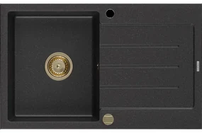Mexen Bruno granitový jednokomorový drez s odkvapkávačom 795 x 495 mm, Čierna/Strieborná metalíza, Sifón Zlatá - 6513791010-73-G