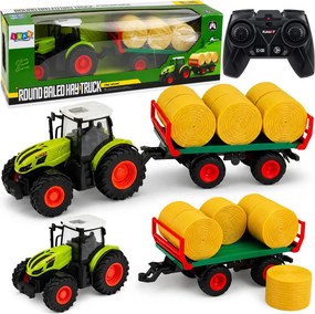 LEAN Toys Poľnohospodársky traktor s diaľkovým ovládaním RC s prívesom na balíky sena a svetlami, mierka 1:24