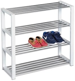 Botník, 4 kovové chromované police, masiv kaučukovník, bílý matný lak