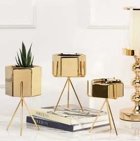 Sada 3 ks květináčů na stojanu SASHI zlatá
