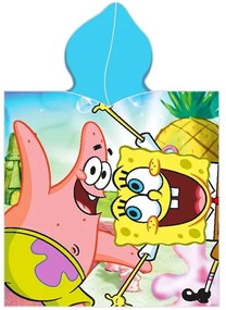 Detské plážové pončo - bavlnená osuška s kapucňou SpongeBob a Patrik - 100% bavlna - 55 x 110 cm - pre deti od 3 do 6 rokov
