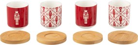 Sada 4 červených keramických kávových šálků s bambusovými podšálky Nutcrackers v dárkové krabičce – 13,8*13,8*7,5 cm