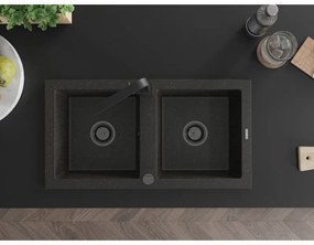 Mexen Mario, granitový drez 820x436x161 mm, 2-komorový, čierna-zlatá metalíza s čiernym sifónom a čierna drezová batéria Rita, 6504-75-670300-70