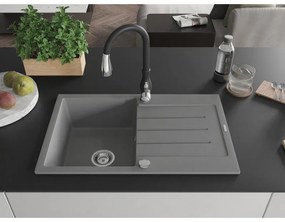 Mexen Bruno, 1-komorový granitový drez 795x495x200 mm a drezová batéria Savita, šedá, 6513-71-672601-70