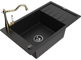 Mexen Elias, granitový drez 795x480x200 mm, 1-komorový a drezová batéria Carla, čierna, 6511-77-670700-50-B