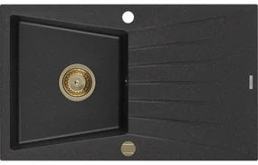 Mexen Cesar, granitový drez 775x470x190 mm, 1-komorový, čierna-strieborná metalíza so zlatým sifónom, 6514771010-73-G