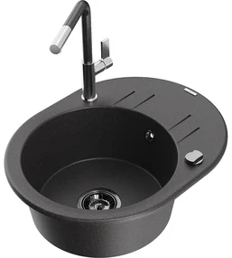 Mexen Kevin, 1-komorový granitový drez 586x458x190 mm a drezová batéria Flora, čierna škvrnitá, 6517-76-670401-08-B