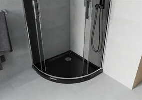 Mexen Rio, štvrťkruhový sprchovací kút s posuvnými dverami 70 x 70 cm, 6mm šedé sklo, chrómový profil + čierna sprchová vanička, 863-070-070-01-40-4170