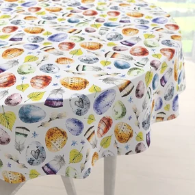 Biante Veľkonočný teflónový okrúhly obrus TF-075 Farebné kraslice a pierka na bielom Ø 80 cm