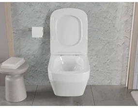 Mexen Riva, závesná WC misa 555x370x335 mm, Rimless Tornádo + WC sedadlo z duroplastu, biela lesklá, 30630200T