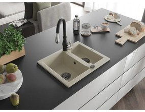 Mexen Carlos, 1,5-komorový granitový drez 582x475x177 mm a drezová batéria Savita, béžová, 6518-69-672601-70