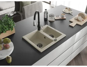 Mexen Carlos, 1,5-komorový granitový drez 582x475x177 mm a drezová batéria Savita, béžová, 6518-69-672601-70
