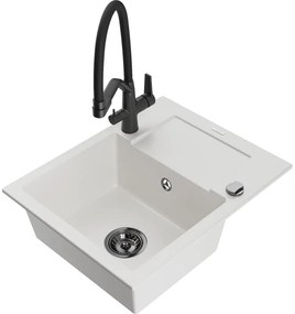 Mexen Enzo, granitový drez 576x465x174 mm, 1-komorový a drezová batéria Duo, biela, 6506-20-671701-70-B