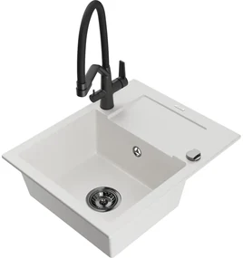 Mexen Enzo, granitový drez 576x465x174 mm, 1-komorový a drezová batéria Duo, biela, 6506-20-671701-70-B