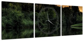 Obraz jazera pri lese (s hodinami) (90x30 cm)