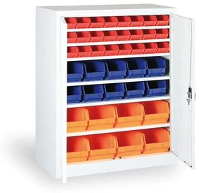 Skriňa s plastovými boxami BASIC - 1150 x 400 x 920 mm, 16xA/12xB/8xC, sivá/modré dvere