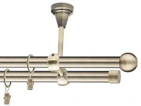 Dekorstudio Stropná mosadzná dvojradová garniža GUĽA 19mm Dĺžka: 420cm, Typ uchytenia: Držiak dvojitý modern, Typ príslušenstva: Krúžky tiché so štipcami