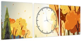 Obraz - Jesenná krajina, ilustrácie (s hodinami) (90x30 cm)