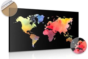 Obraz na korku mapa sveta v akvarelovom prevedení na čiernom pozadí