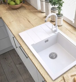 Sink Quality Ferrum New 8010, 1-komorový granitový drez 800x500x210 mm + zlatý sifón, biela, SKQ-FER.8010.WH.XG