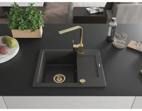 Mexen Enzo, granitový drez 576x465x174 mm, 1-komorový a zlatá batéria Rita, čierna škvrnitá, 6506-76-670300-50