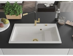 Mexen Omar, 1-komorový granitový drez 800x480x210 mm, biela, zlatý sifón, 6520801005-20-G