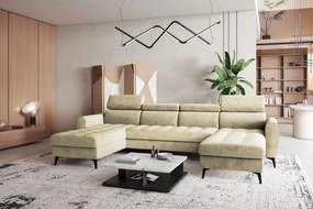 Béžová rohová sedačka Bjorn U na vysokých nohách s funkciou spania a úložnými priestormi