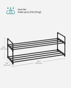 2-poschodový stojan na topánky, kovová polica na uloženie, pre 8–10 párov topánok, 30 x 92 x 34 cm, čierna
