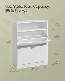 Botník s 2 výklopnými dvierkami, 3-úrovňový, 24 x 80 x 102 cm, biely