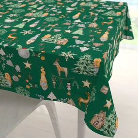 Biante Vianočný bavlnený štvorcový obrus Sandra SA-508 Vianoční škriatkovia a ozdoby na zelenom 80x80 cm