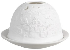 Biely porcelánový svietnik na čajovú sviečku s vianočnou dedinkou Paollo - Ø 12 * 8 cm