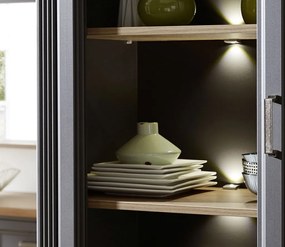 Vysoká vitrína Jasmin, grafit/dub, s osvetlením