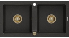 Mexen Mario granitový dvojkomorový drez 820 x 436 mm, Čierna/Zlatá metalíza, Sifón Zlatá - 6504822000-75-G