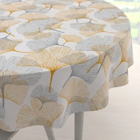 Biante Bavlnený okrúhly obrus Sandra SA-745 Sivo-horčicové ginkgo listy na bielom Ø 90 cm