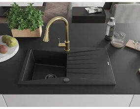 Mexen Cesar, 1-komorový granitový drez 775x470x190 mm a drezová batéria Elia, čierna, 6514-77-670101-50-B