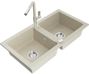 Mexen Mario, 2-komorový granitový drez 820x436x161 mm a drezová batéria Flora, béžová, 6504-69-670401-09