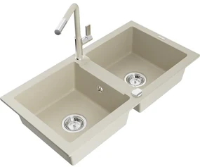 Mexen Mario, 2-komorový granitový drez 820x436x161 mm a drezová batéria Flora, béžová, 6504-69-670401-09