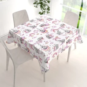 Biante Detský bavlnený štvorcový obrus Sandra SA-464 Slony s fialovou dúhou na bielom 90x90 cm