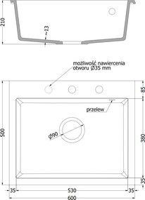 Mexen Elix, 1-komorový granitový drez 600 x 500 mm, čierna/strieborná metalíza, zlatý sifón - 6525601005-73-G
