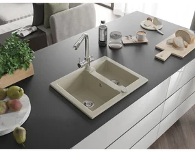 Mexen Carlos, 1,5-komorový granitový drez 582x475x177 mm a drezová batéria Duero, béžová, 6518-69-671600-00