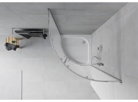Mexen Rio, štvrťkruhový sprchovací kút s posuvnými dverami 90 x 90 cm, 6mm sklo námraza, chrómový profil + biela vysoká sprchová vanička Rio, 863-090-090-01-30-4710