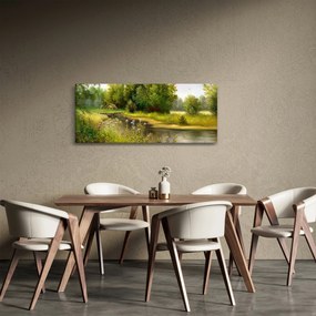 Obraz - Rieka pri lese, olejomaľba (120x50 cm)