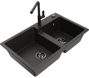 Mexen Tomas, 2-komorový granitový drez 800x500x190 mm a drezová batéria Flora, čierna-zlatá metalíza, 6516-75-670401-70-B