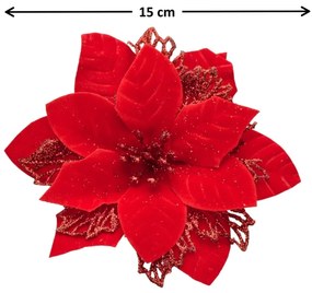Vianočná dekorácia Poinsettia so štipcom červená, súprava 6 ks