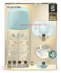 SUAVINEX - GOLD set fľaša 270 ml + cumlík fyziologický 0/6 + klip GOLD - modrá