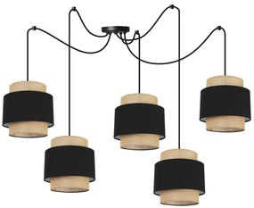 Závesné svietidlo Boho Spider, 5x jutové/čierne textilné tienidlo