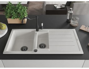 Mexen Andres, granitový drez 1000x500x200 mm, 1,5-komorový a drezová batéria Carla, biela, 6515-20-670700-70