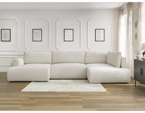 Krémovobiela menčestrová rozkladacia/s úložným priestorom rohová pohovka (pravý roh/do tvaru "U") Lucien – Bobochic Paris