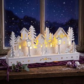 Drevená LED dekorácia DEDINA biela dĺžka 30 cm